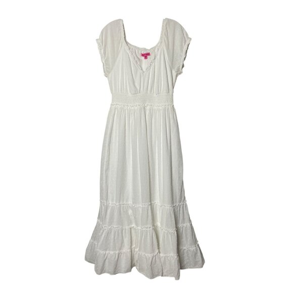 Betsey Johnson White Swiss Dot Maxi Dress L Womens Ruffle Sleeves & Tiered Skirt - Picture 1 of 9